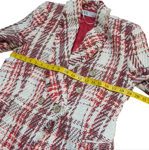 Zara Red White Tweed Blazer Double Breasted Large Preppy Chic - Picture 11 of 11